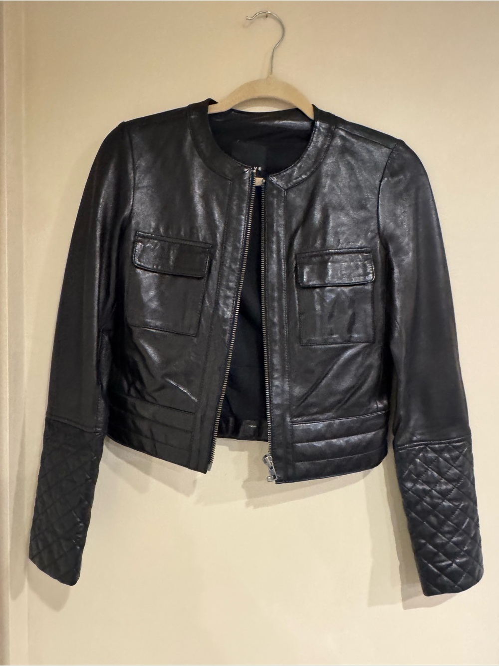 Trouve Women’s Black Quilted-Sleeve Leather Jacket